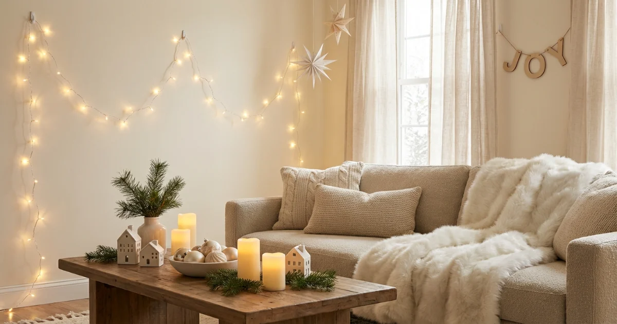 Cozy winter holiday apartment décor with string lights, battery-powered candles, white faux fur throw, and subtle renter-safe seasonal decorations